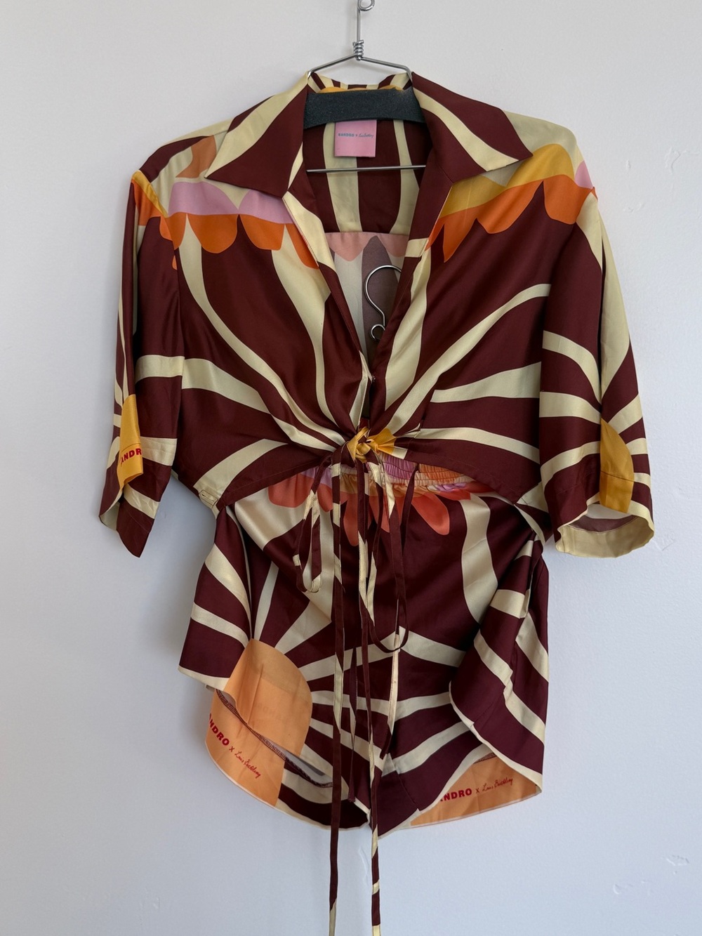 Sandro SET 36 100% silk brown cream Front crop set resort
